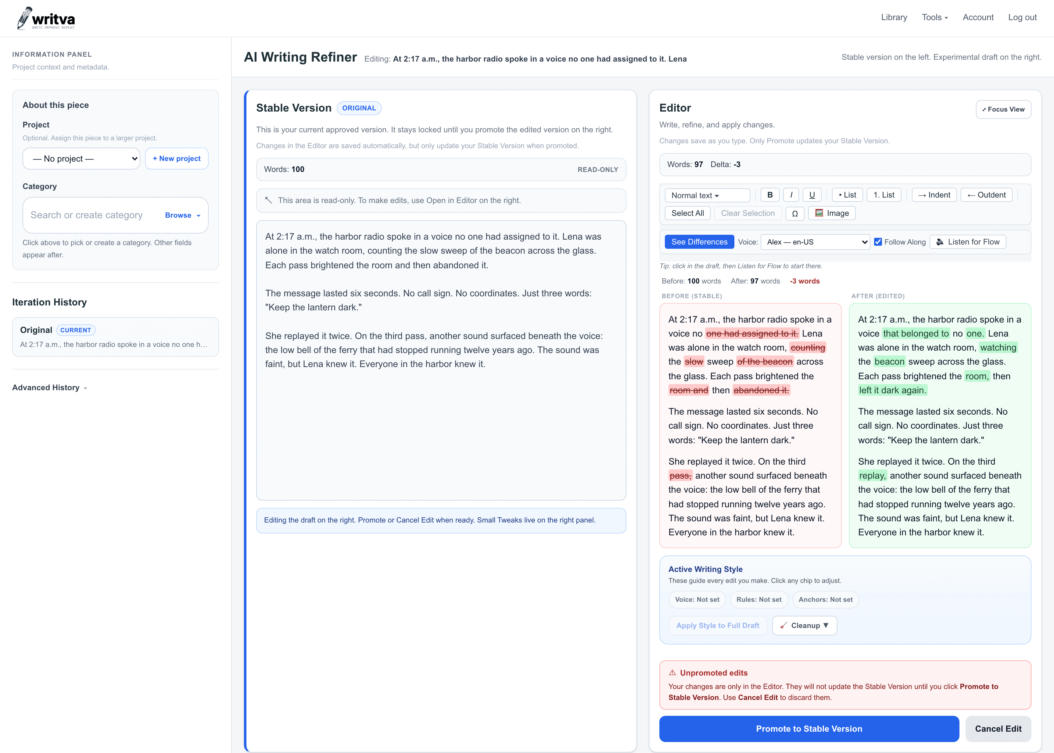 Writva showing a chapter's Stable Version beside an Edited Version, with the differences highlighted word by word and Promote to Stable Version still available.