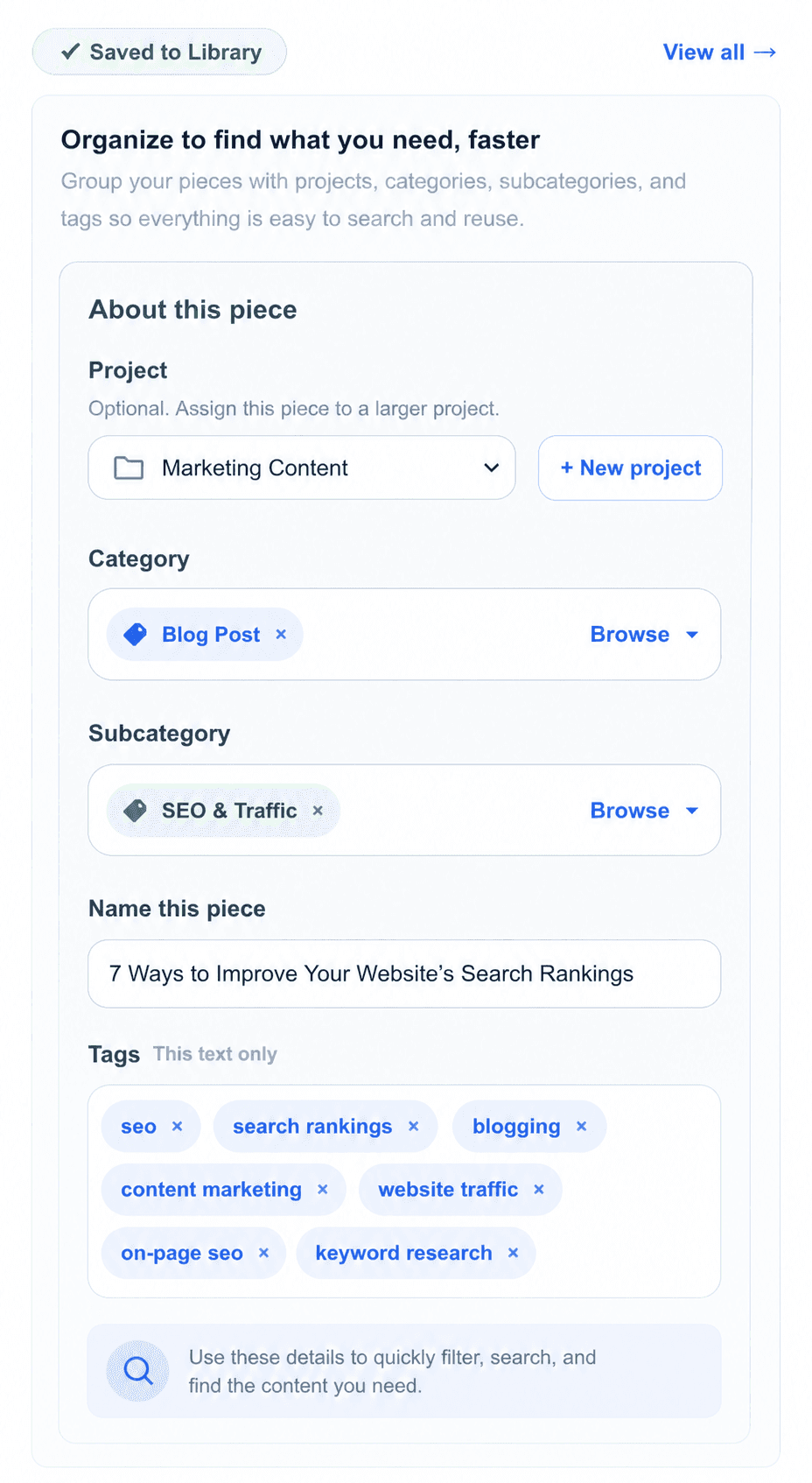 Writva library view showing organized writing projects grouped by category and type