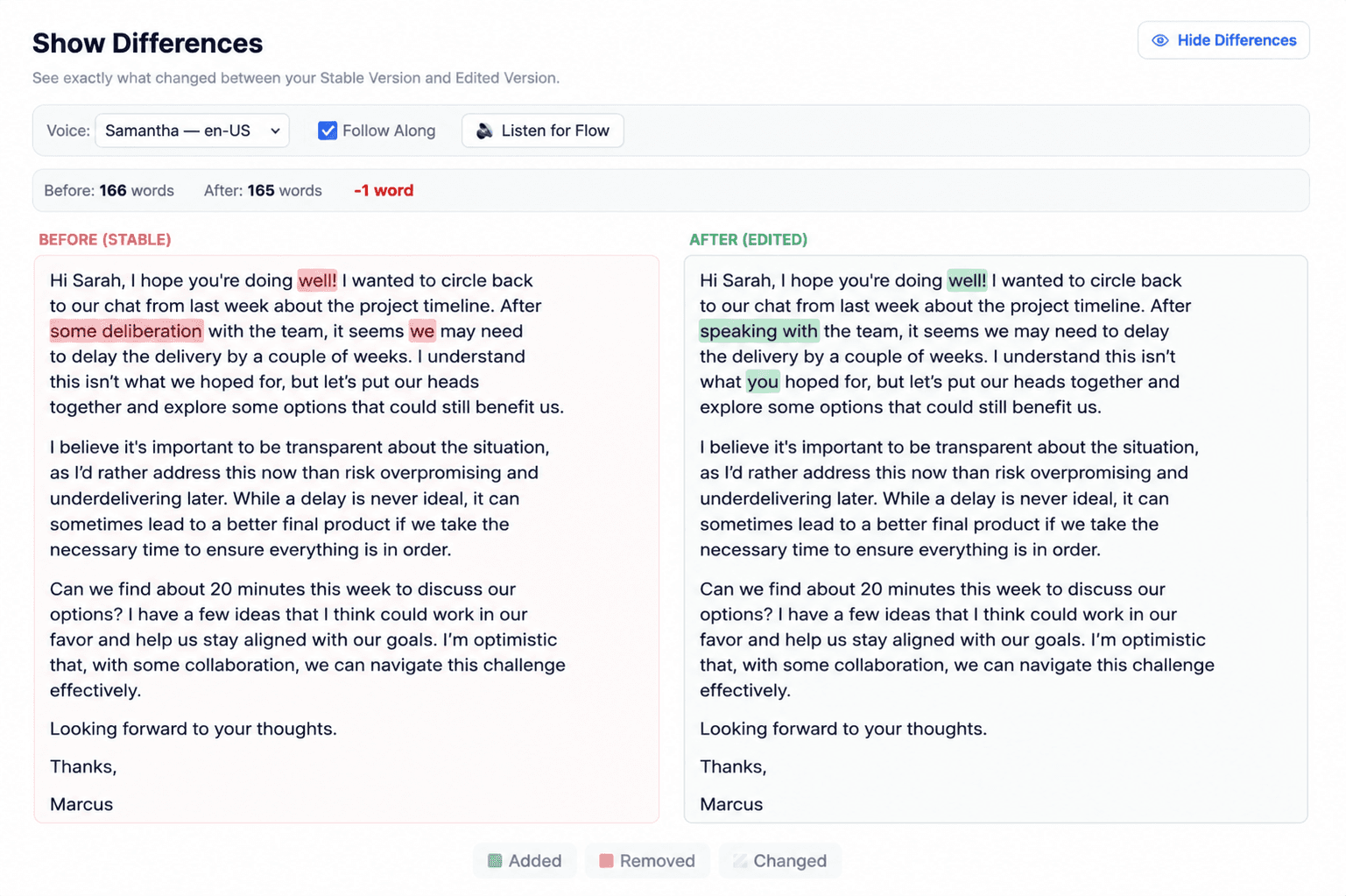 Writva diff view comparing the stable version of a draft with an edited version, with added words highlighted in green and removed words in red
