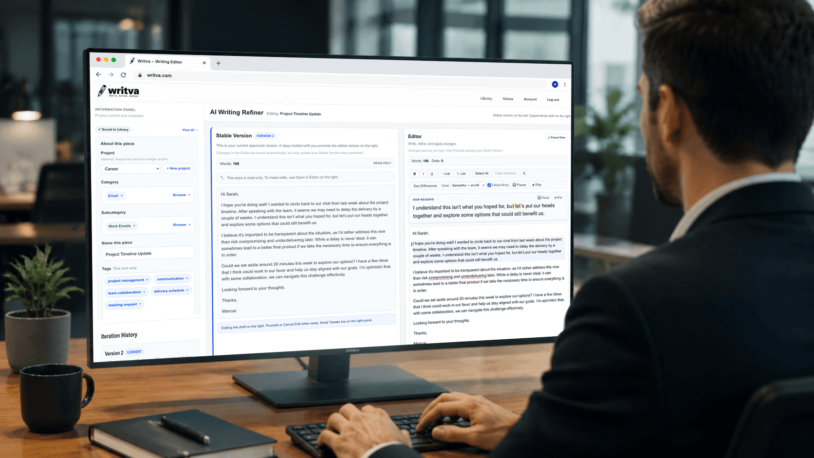 An office writer using Writva's Listen for Flow feature to hear their draft read aloud while editing