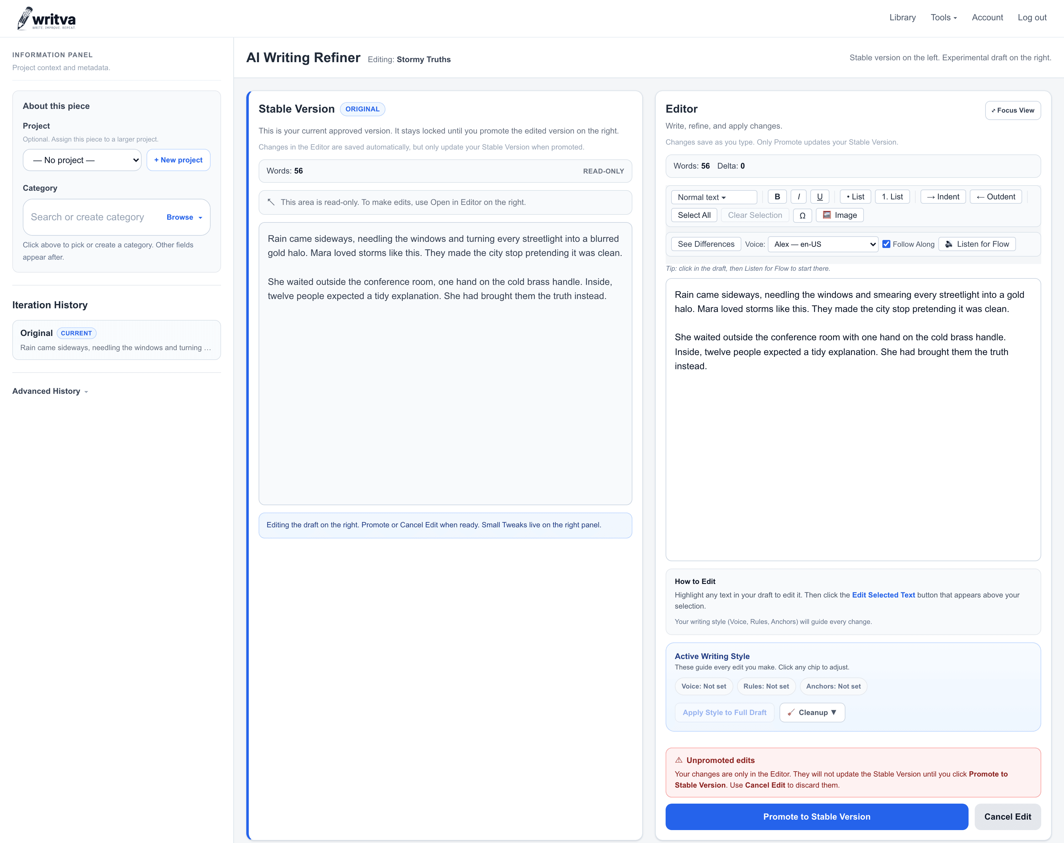 Writva with an existing draft open: the approved Stable Version on the left, a proposed Edited Version on the right, writing controls above it, and Promote to Stable Version below.