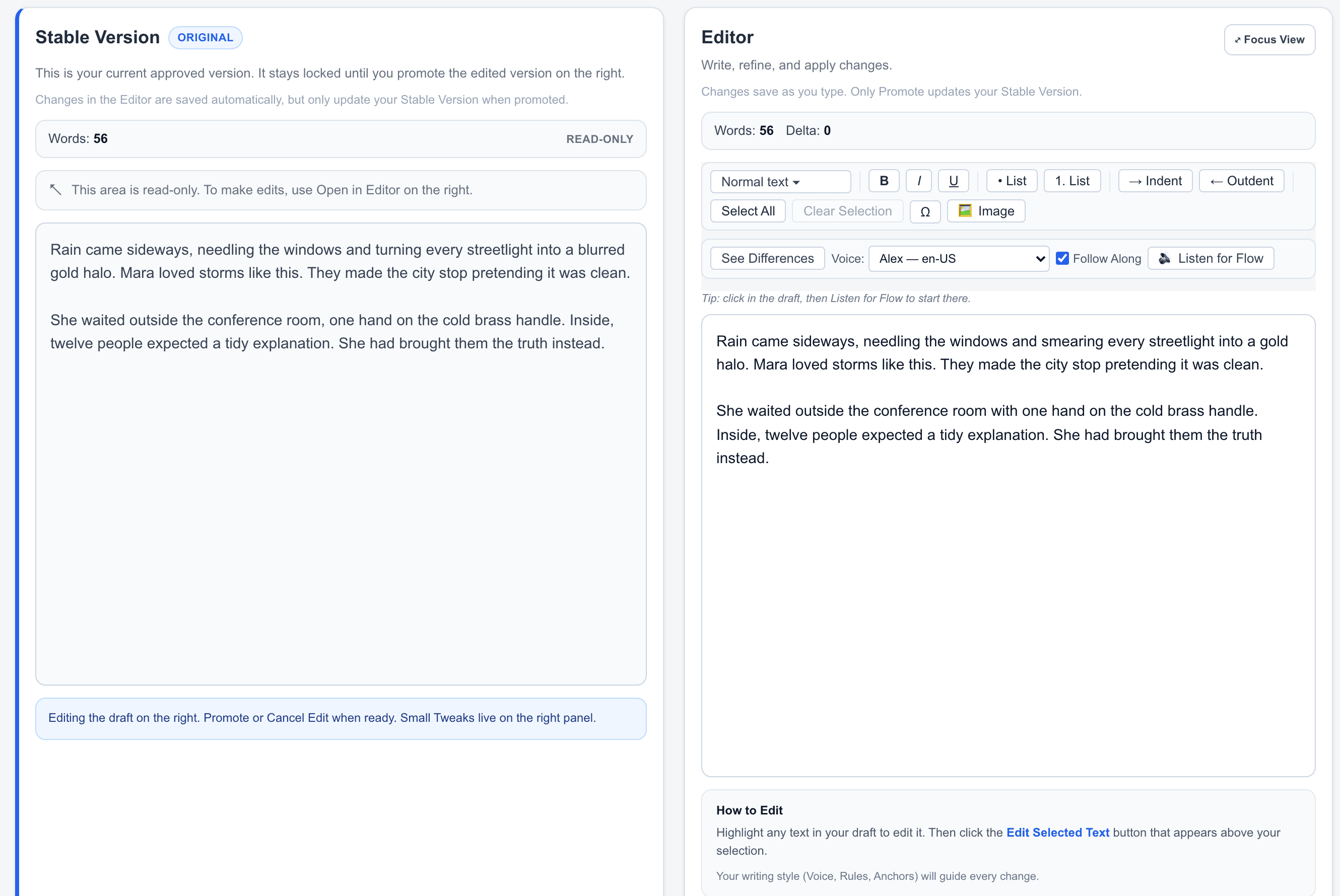 Writva showing distinctive original prose in the Stable Version beside a voice-preserving proposed revision in the Editor, with the changed wording visible in both.