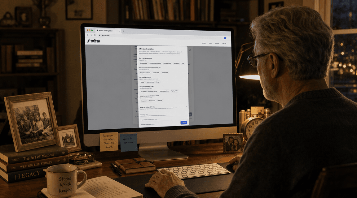 An experienced writer working calmly at a desk, guiding the AI rather than letting it take over their draft